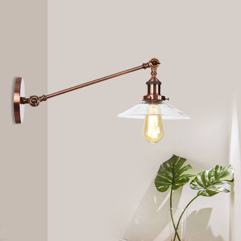 Innendørs vegglampe med 1 lys, vintage, svart/messing/bronse, lysarmatur med konisk, gjennomsiktig glassskjerm, 8"/12" L-arm