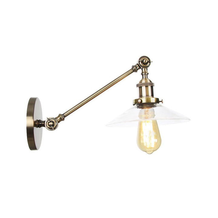 Innendørs vegglampe med 1 lys, vintage, svart/messing/bronse, lysarmatur med konisk, gjennomsiktig glassskjerm, 8"/12" L-arm
