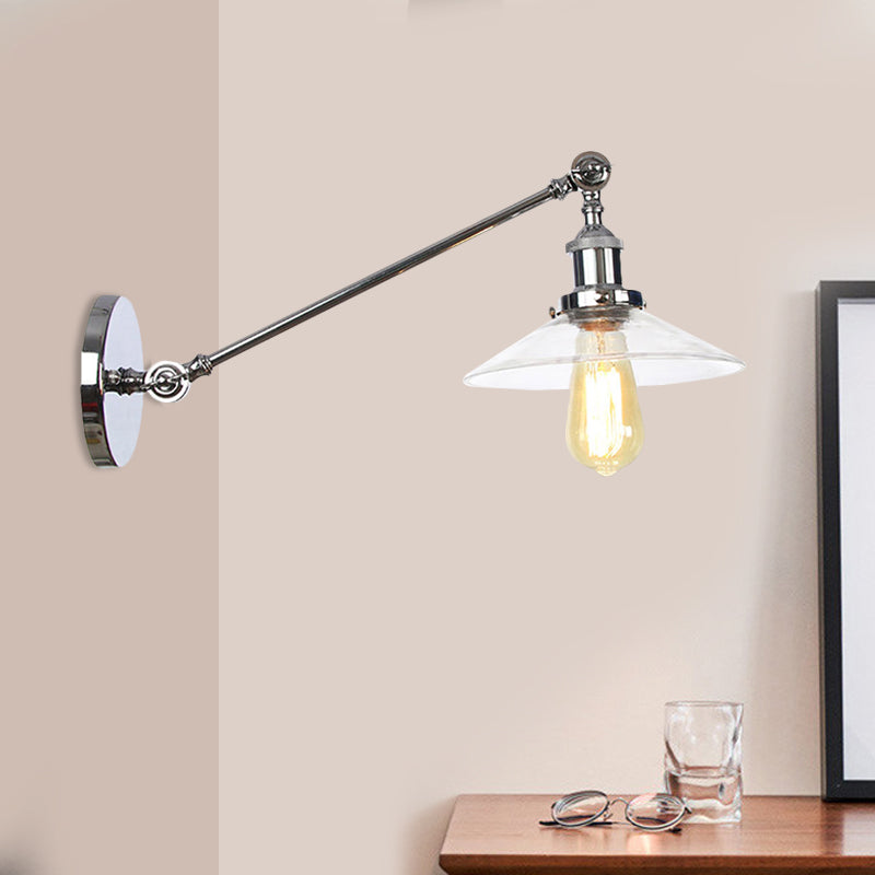 Innendørs vegglampe med 1 lys, vintage, svart/messing/bronse, lysarmatur med konisk, gjennomsiktig glassskjerm, 8"/12" L-arm