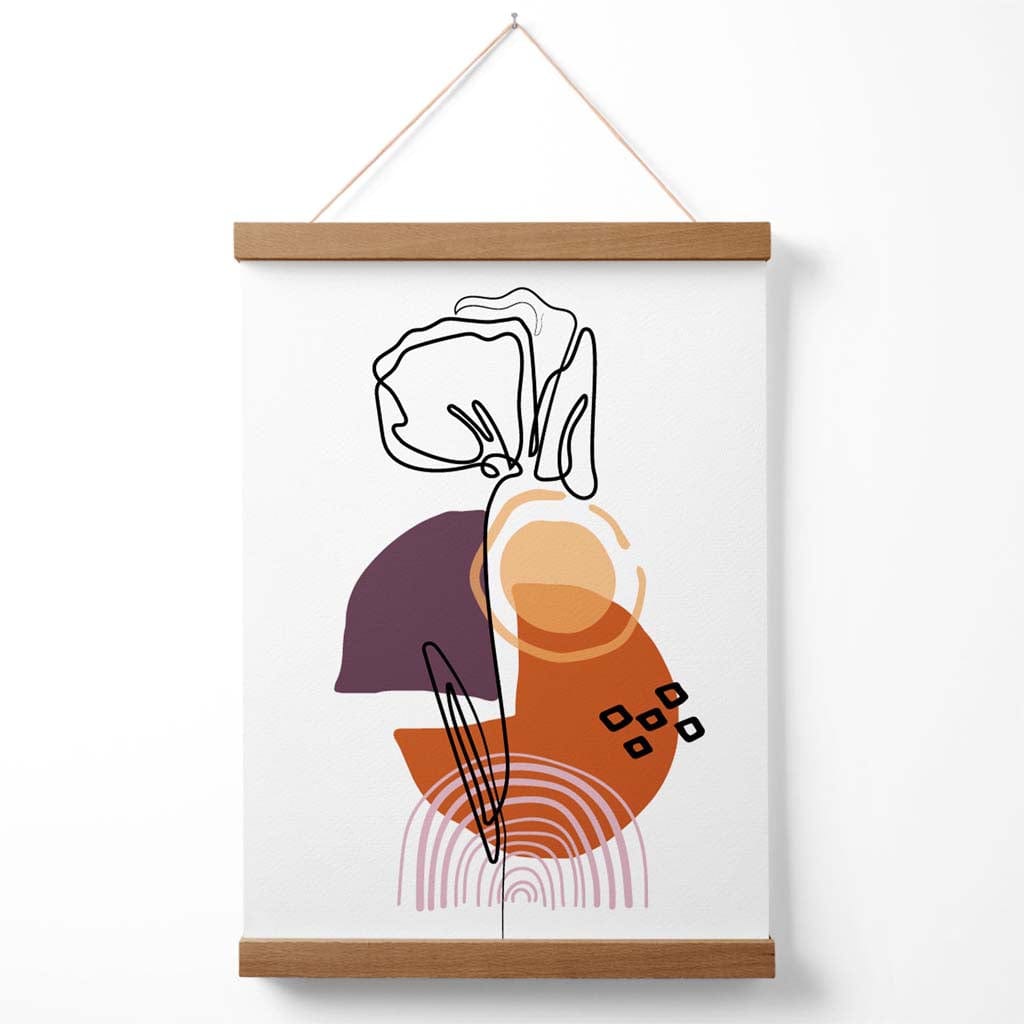 Nellikblomstlinjekunst med bohemske lilla og oransje former, plakat med oppheng