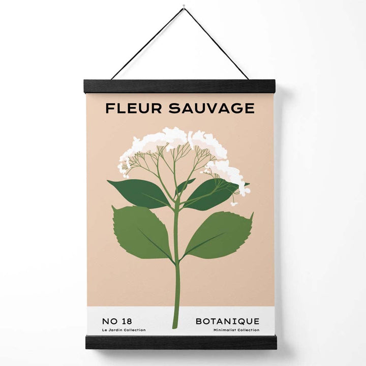 Minimalistisk plakat for et blomstermarked i beige og grønt med markblomster, inkludert oppheng.