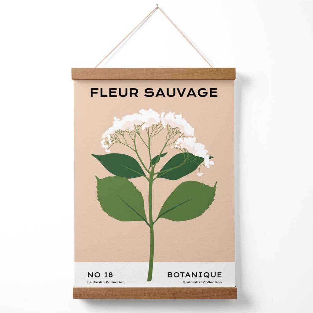 Minimalistisk plakat for et blomstermarked i beige og grønt med markblomster, inkludert oppheng.