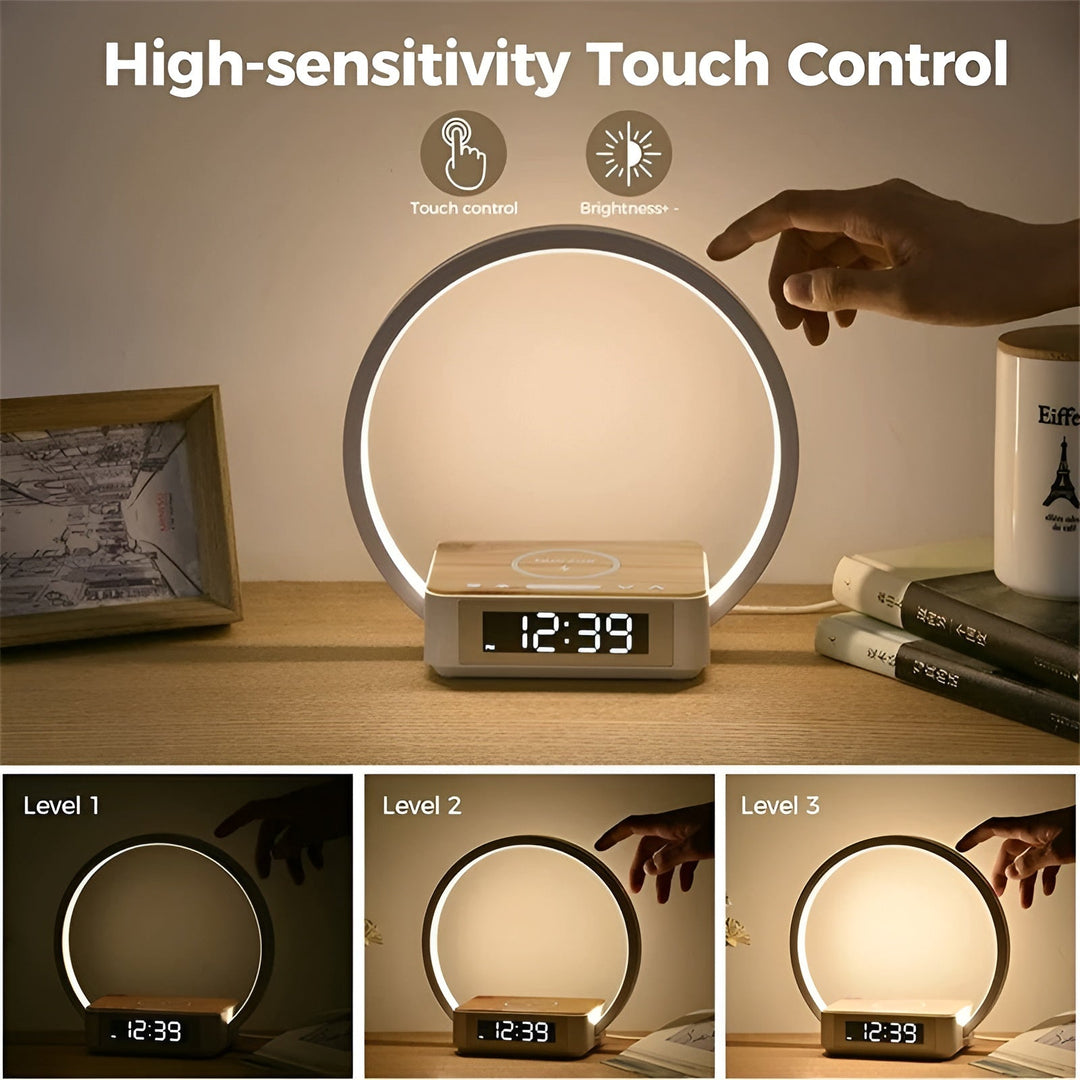 Skanto | GlowMax 3-i-1 LED Bordlampe – Trådløs Lader, Vekkerklokke & Berøringskontroll