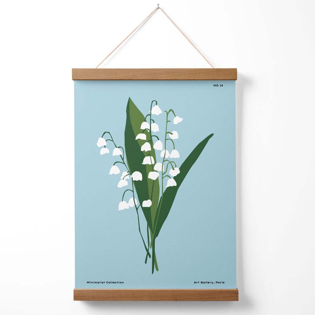 Minimalistisk plakat «Blå liljekonvall» til blomstermarkedet med oppheng