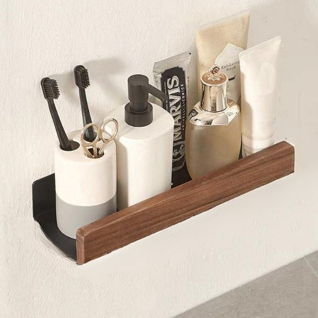 Skanto | Solid Wood Bathroom Shelf – No-Drill Veggmontert Badeorganisator