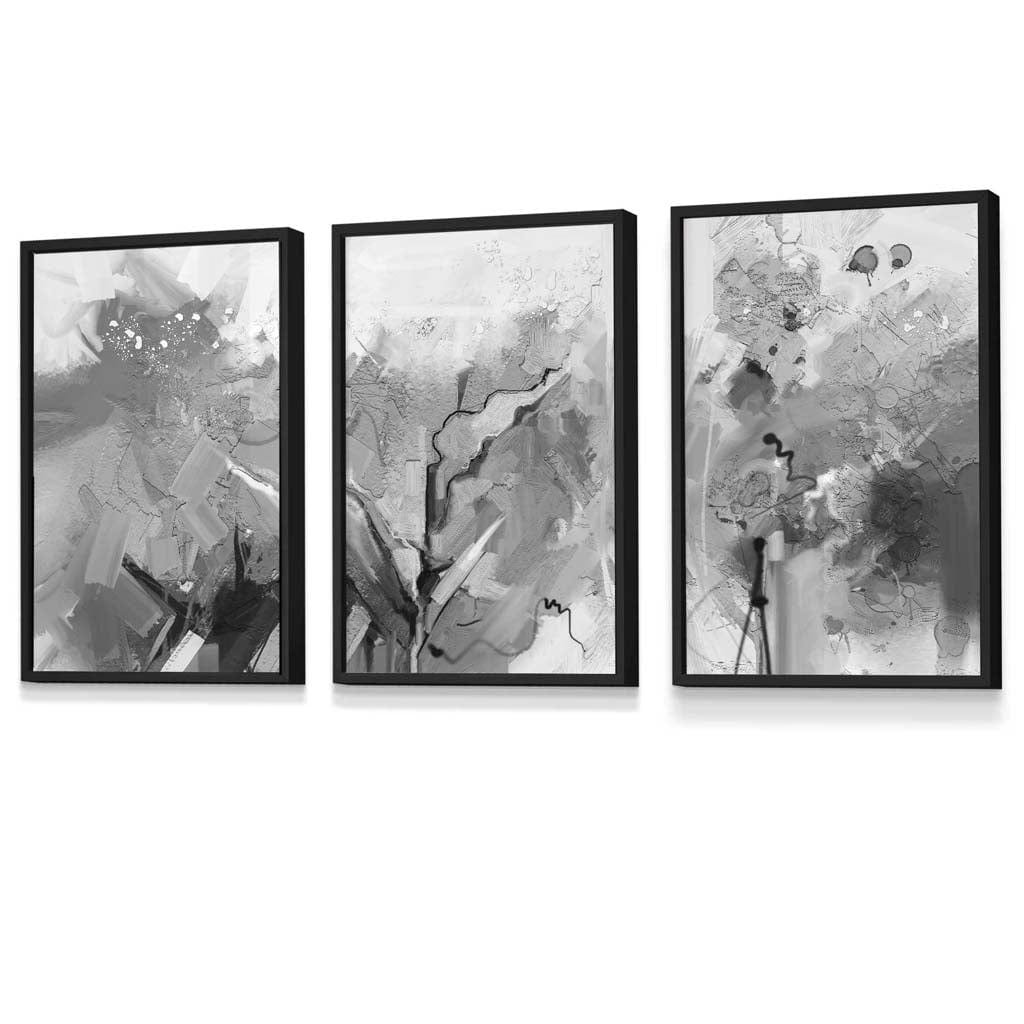 Abstrakt svart-hvitt sett med 3 innrammede veggkunstverk