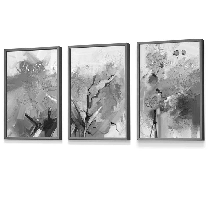 Abstrakt svart-hvitt sett med 3 innrammede veggkunstverk