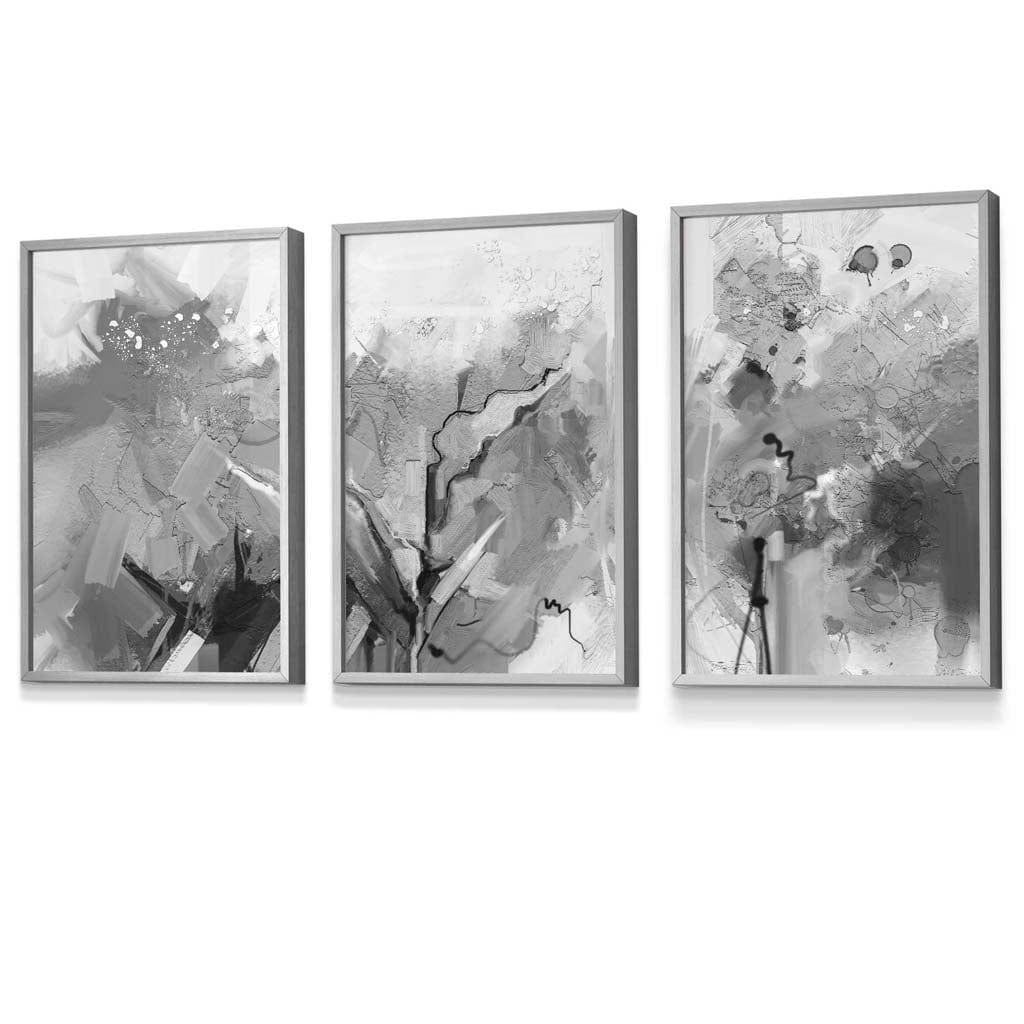 Abstrakt svart-hvitt sett med 3 innrammede veggkunstverk