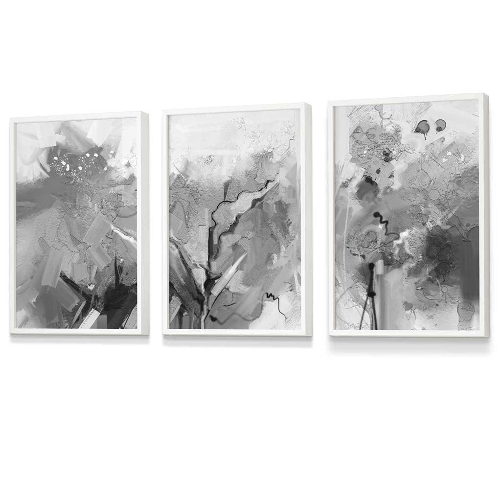 Abstrakt svart-hvitt sett med 3 innrammede veggkunstverk