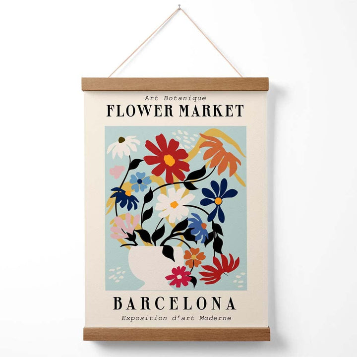Utstillingsplakat for det blå og rosa blomstermarkedet i Barcelona med oppheng