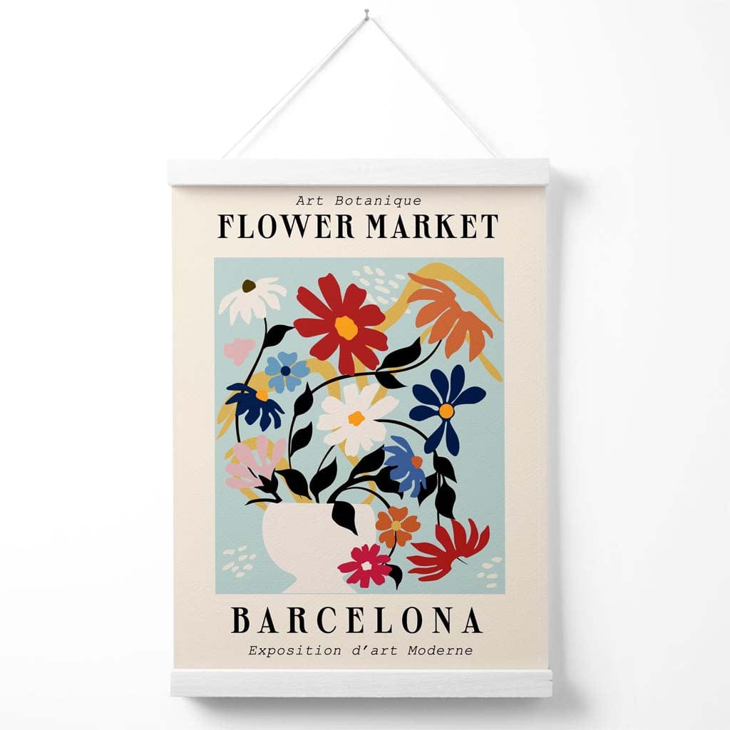Utstillingsplakat for det blå og rosa blomstermarkedet i Barcelona med oppheng