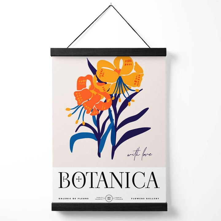 Utstillingsplakat for et blått og oransje blomstermarked med oppheng