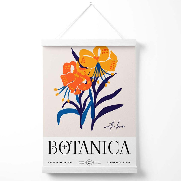 Utstillingsplakat for et blått og oransje blomstermarked med oppheng