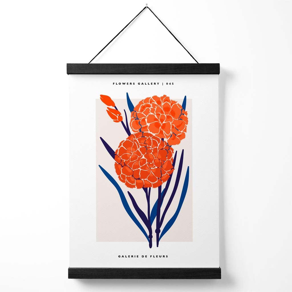 Utstillingsplakat for Allium-blomstermarkedet i blått og oransje med oppheng