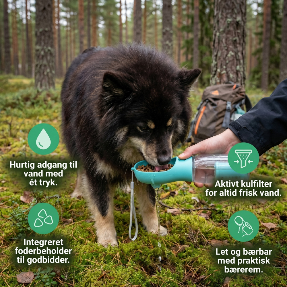 TrailBuddy™ – 3-i-1 hundevannflaske med matboks | Skanto