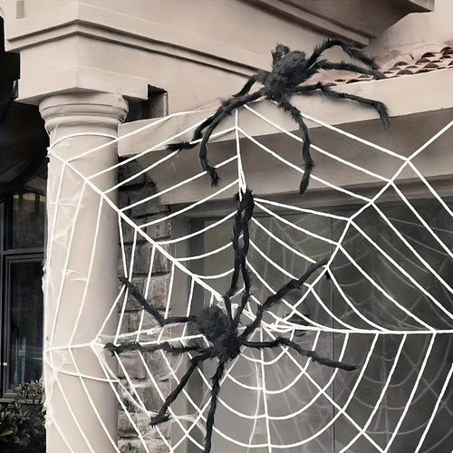 Skanto | WebCreeper Halloween Dekorasjon Sett – 2 Gigantiske Edderkopper 50cm med Deformert Edderkoppnett