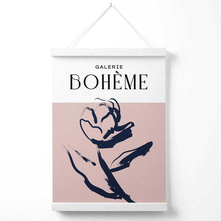 Bohemsk blomsterplakat med roseskisse i blush og marineblått, inkludert oppheng.
