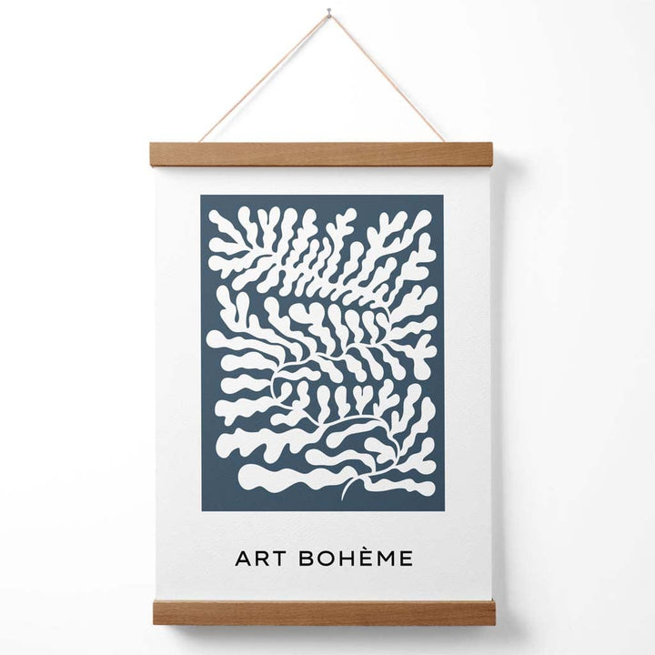 Blå og hvit Matisse-stil plakat med blomsterutklipp og oppheng