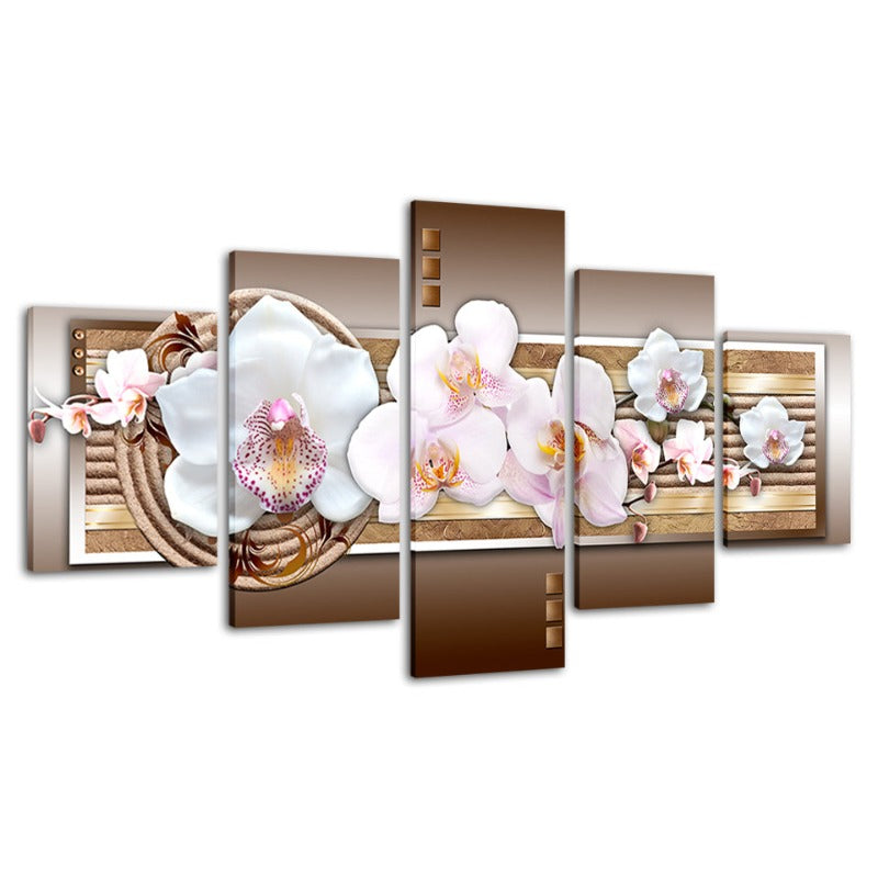 5-delt Metallic-bakgrunn Hvit Blomst - Lerret Veggkunst Maleri | Skanto