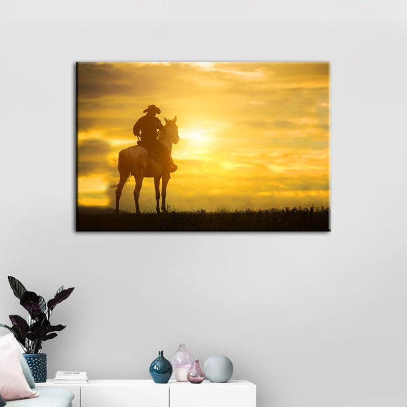 En cowboy og hans hest - Lerret veggkunst maleri | Skanto