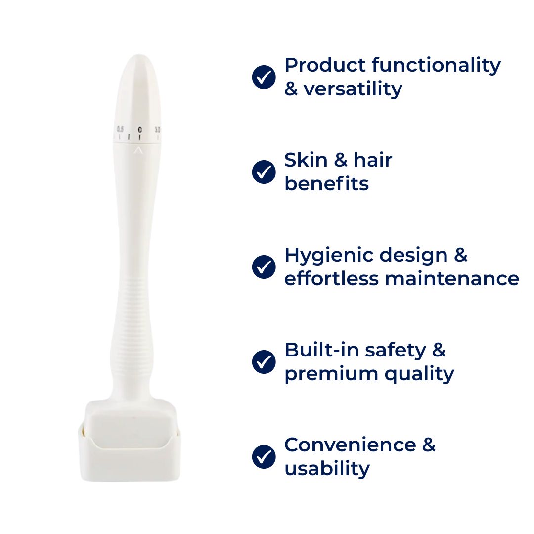 RevitaGlow | Microneedling Derma Stamp – Justerbar dybde – 140 nåler – Hud- og hårfornyelse Skanto