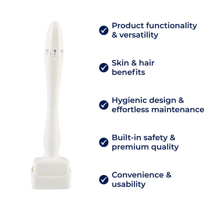 RevitaGlow | Microneedling Derma Stamp – Justerbar dybde – 140 nåler – Hud- og hårfornyelse Skanto