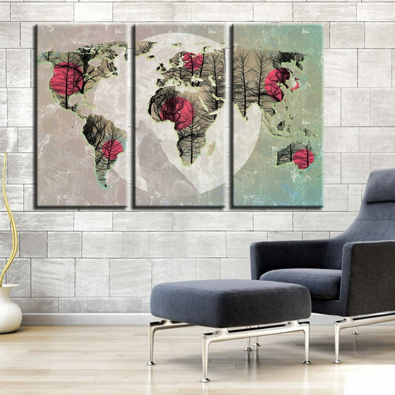 Vakker abstrakt rosa sol-verden-kart-lerret-veggkunstmaleri 3 deler | Skanto