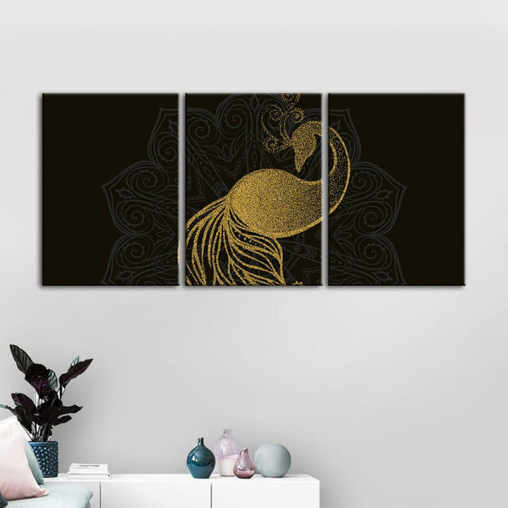 Abstrakt Gyldent Mandala Påfugl - Lerret Veggkunst Maleri 3 Deler | Skanto