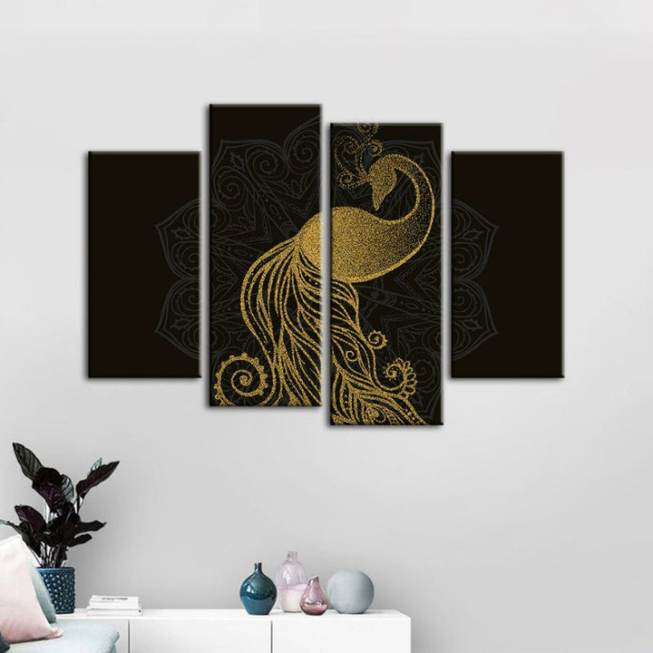 Abstract Golden Peacock Mandala Canvas Wall Art Painting 4 Pieces | Skanto