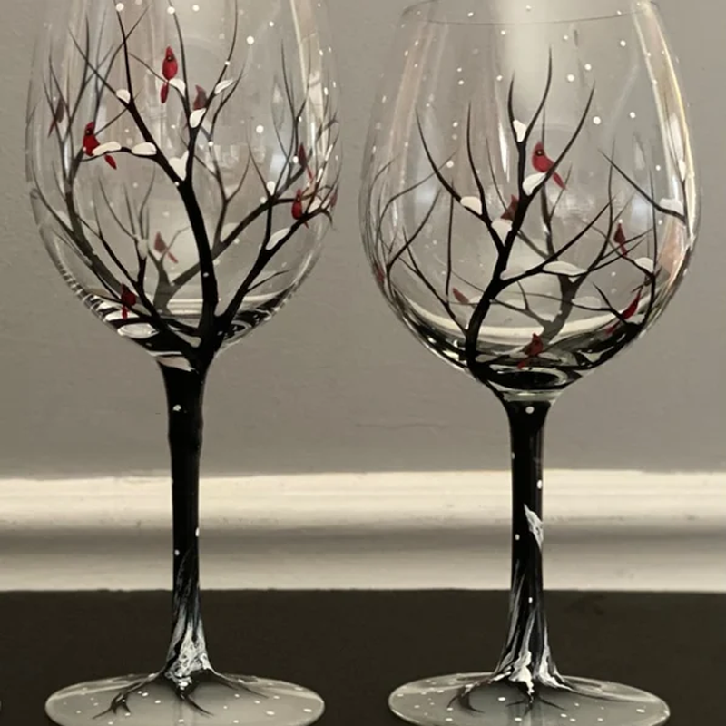 Fire Seasons Tree Vin Glass - Håndmalt Kunst | Skanto