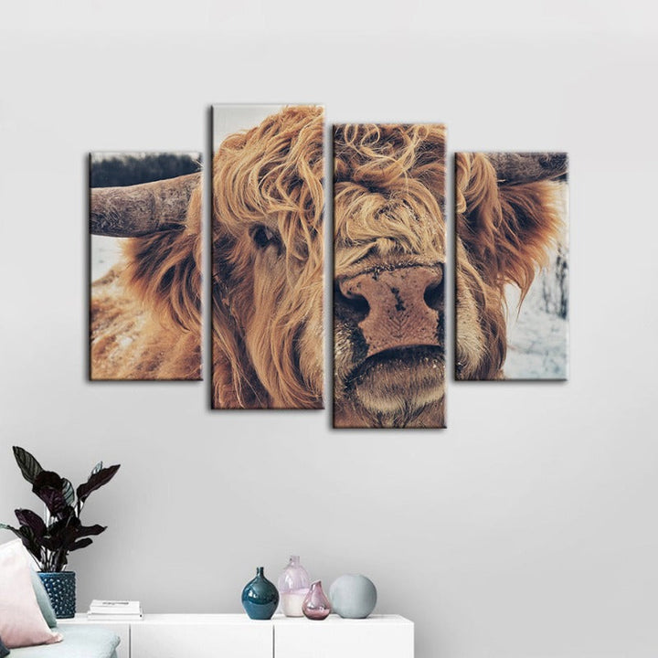 4 Piece Close Up Brown Cow - Canvas Wall Art Painting | Skanto