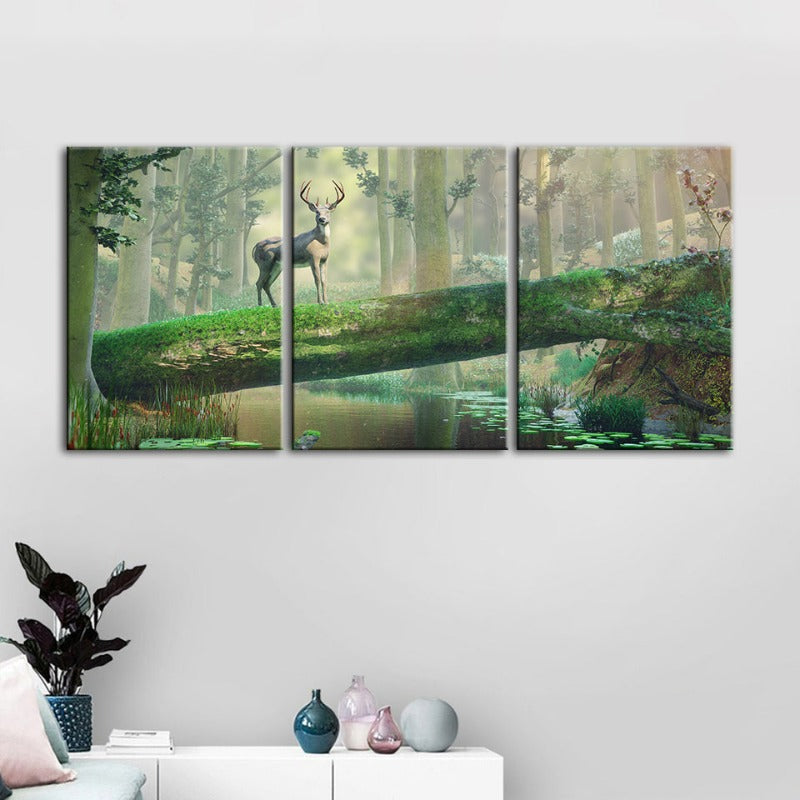 Fortryllende Skog Hjort-Canvas Veggkunst Maleri 3 Deler