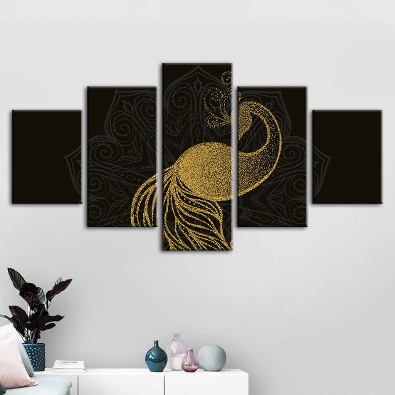 5-Piece Abstract Golden Mandala Peacock Canvas Wall Art Painting | Skanto