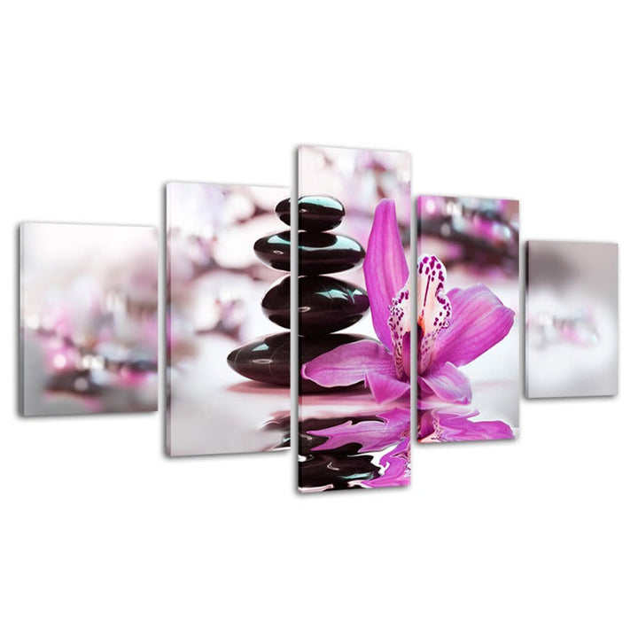 5 Pcs Black Stones with Purple Flower - Canvas Wall Art Painting | Skanto