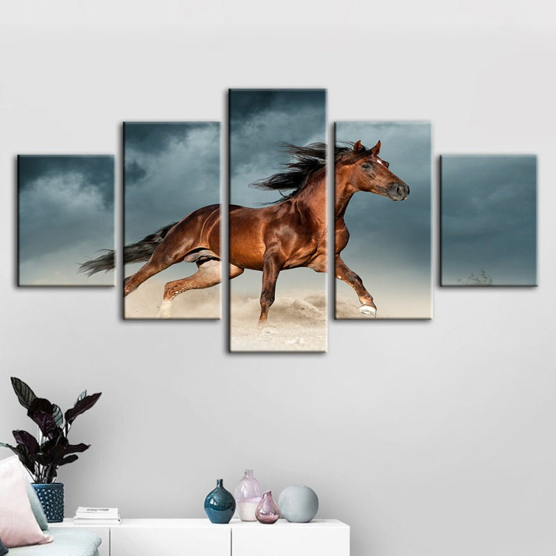 5 Stykke Brunt Hest i Ørkenen - Lerret Veggkunst Maleri | Skanto