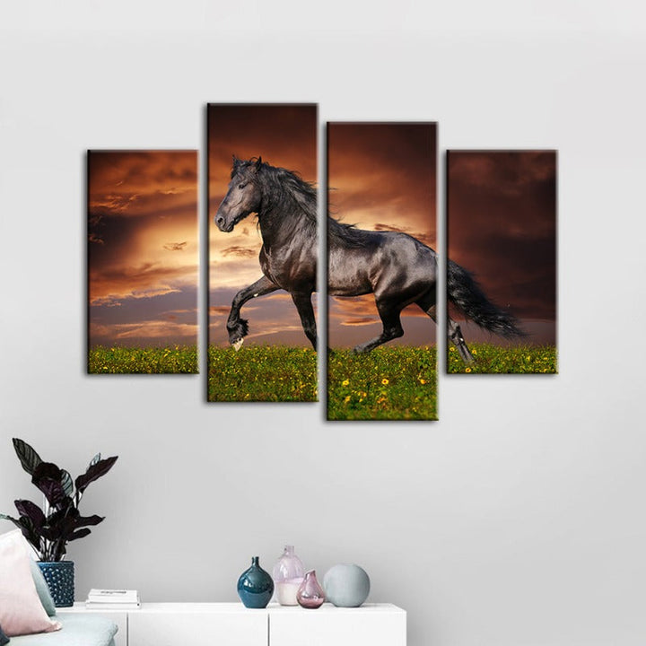 4 Piece Running Black Horse Canvas Wall Art Painting | Skanto