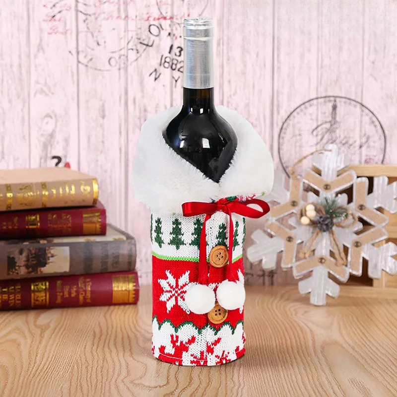 Juleflaskehette med pelskrage – festlig hette for vinflasker, nisse dekorasjon til jul, perfekt som gaveinnpakning | Skanto