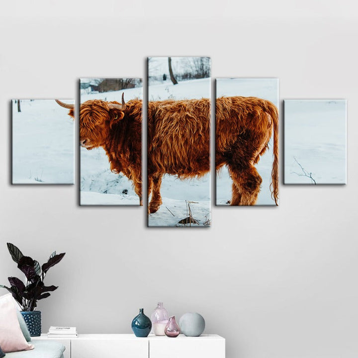 5-delt Curly Haired Cow - Lerret Veggkunst Maleri | Skanto