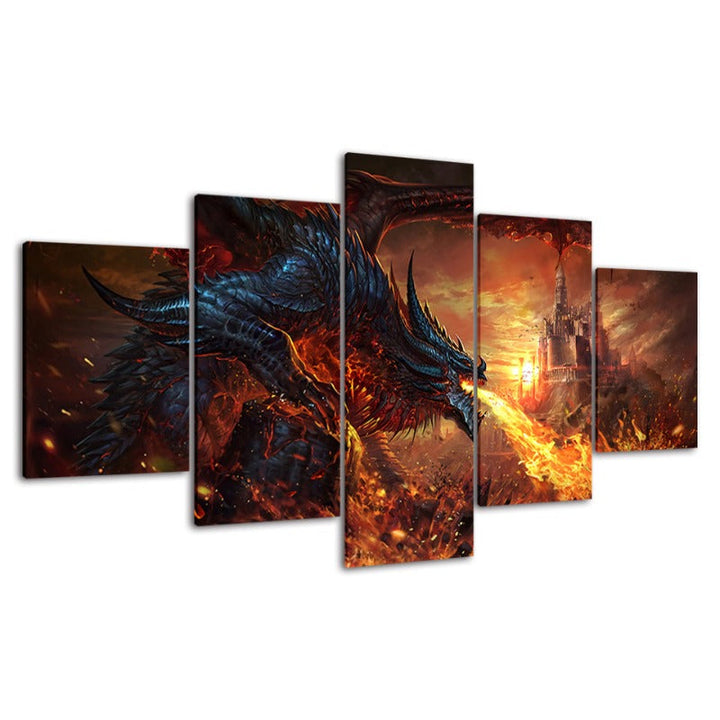 Dragon og slott - 5 deler lerret veggkunst maleri