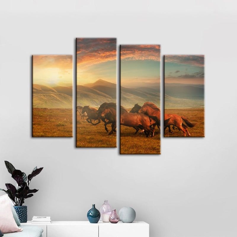 4 Pcs Running Horses with Beautiful Landscape - Canvas Wall Art Painting | Skanto