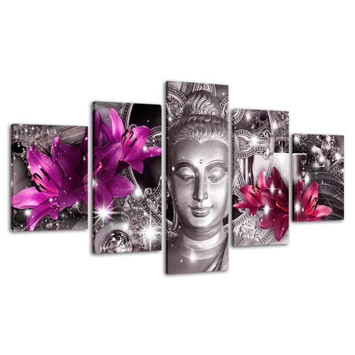 5-delte Buddha med lilla og rosa tulipaner - lerret veggkunst maleri | Skanto