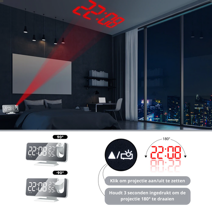 Innovativ LED-projektør vekkerklokke med USB Skanto
