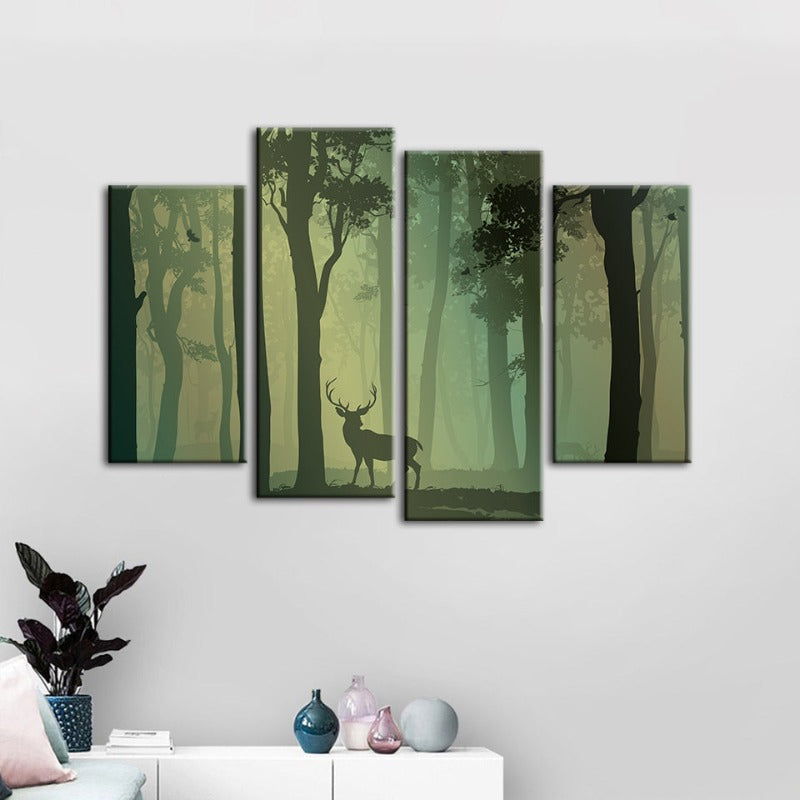 4-Piece Enchanted Green Silhouette Deer - Canvas Wall Art Painting | Skanto