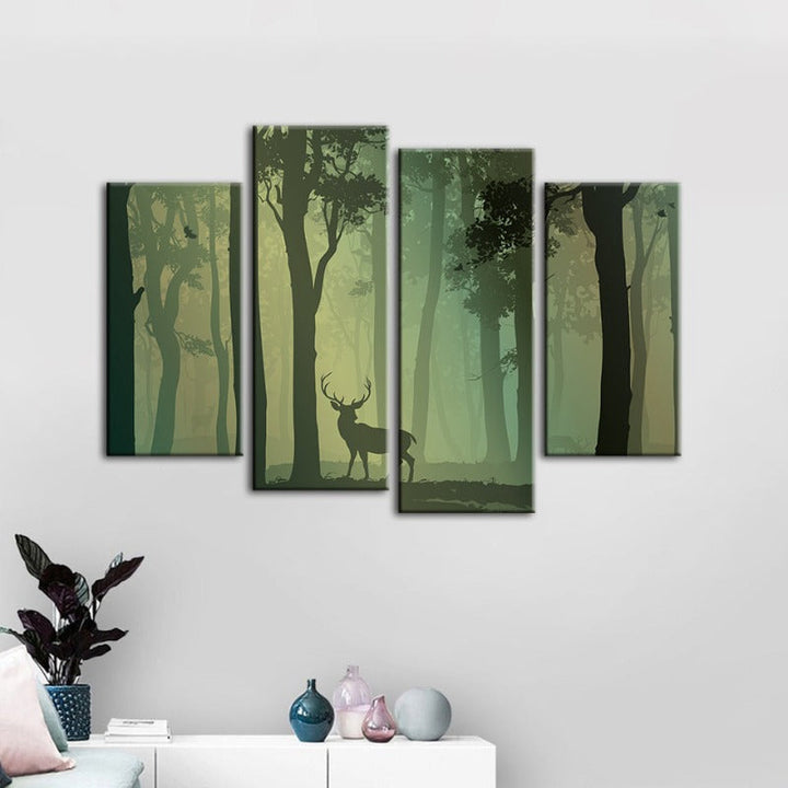 4-Piece Enchanted Green Silhouette Deer - Canvas Wall Art Painting | Skanto