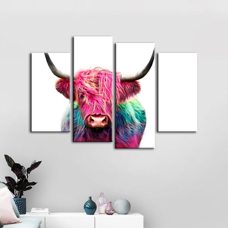 4-Piece Colorful Pink Cow Canvas Wall Art Painting | Skanto