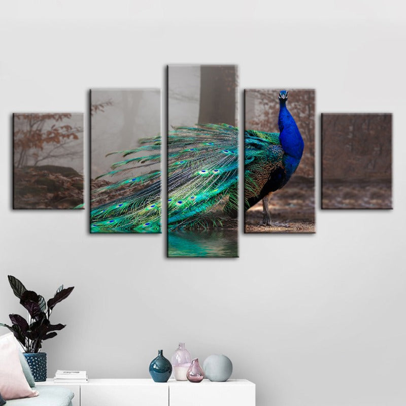 5 Piece Vibrant Peacock by the Pond - Canvas Wall Art Painting | Skanto