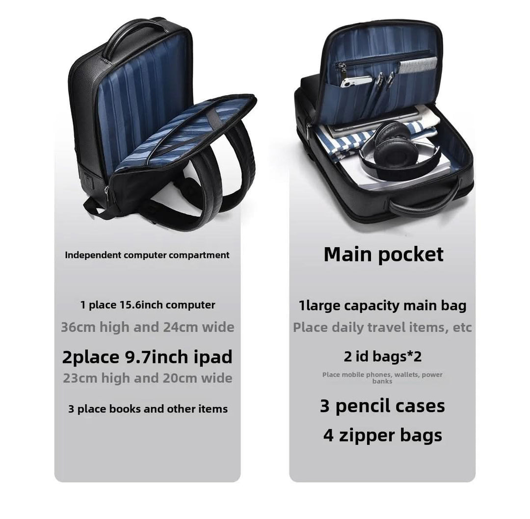 Eleganter Lederrucksack for Damen og Herren med USB-anschluss for laptop og täglichen bruk, 15,6 Zoll, schwarz