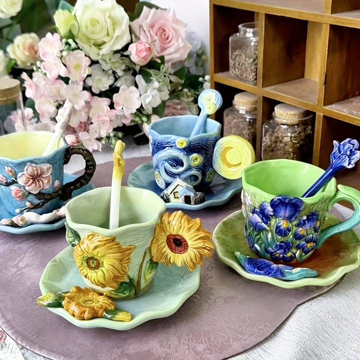ArtSip keramikkopp og underkoppsett – Håndmalt 3D-design inspirert av Van Gogh | Skanto
