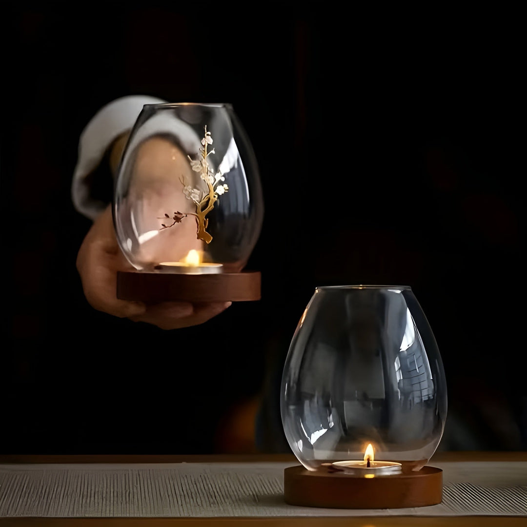 2-delt sett glasskandelholdere med tresokkel - dekorativ i retro zen-stil | perfekt for stue, borddekorasjon og utendørs | Skanto