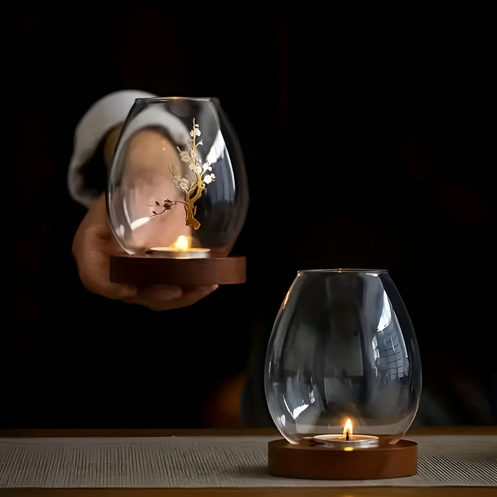 2-delt sett glasskandelholdere med tresokkel - dekorativ i retro zen-stil | perfekt for stue, borddekorasjon og utendørs | Skanto